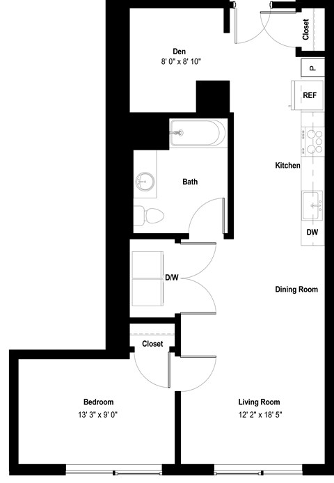 Floor plan for 1 bed, 1 bath, 816 sqft